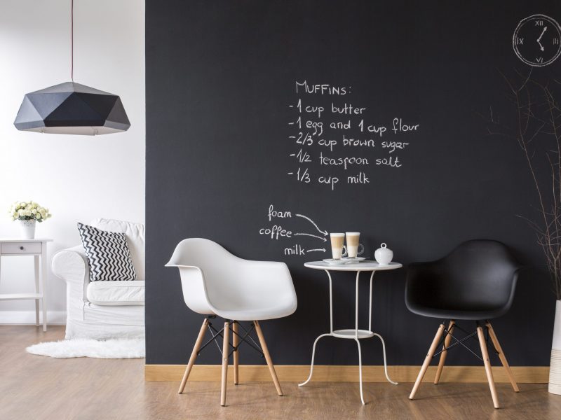 Cosy coffee area in small flat with modern blackboard wall
