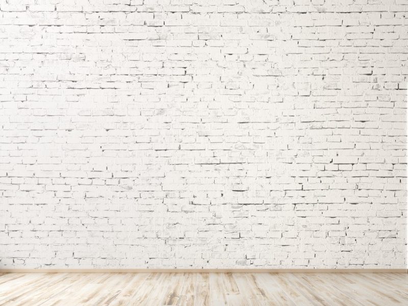 Empty room interior background, white brick wall, vase with branch and door, panorama 3d rendering