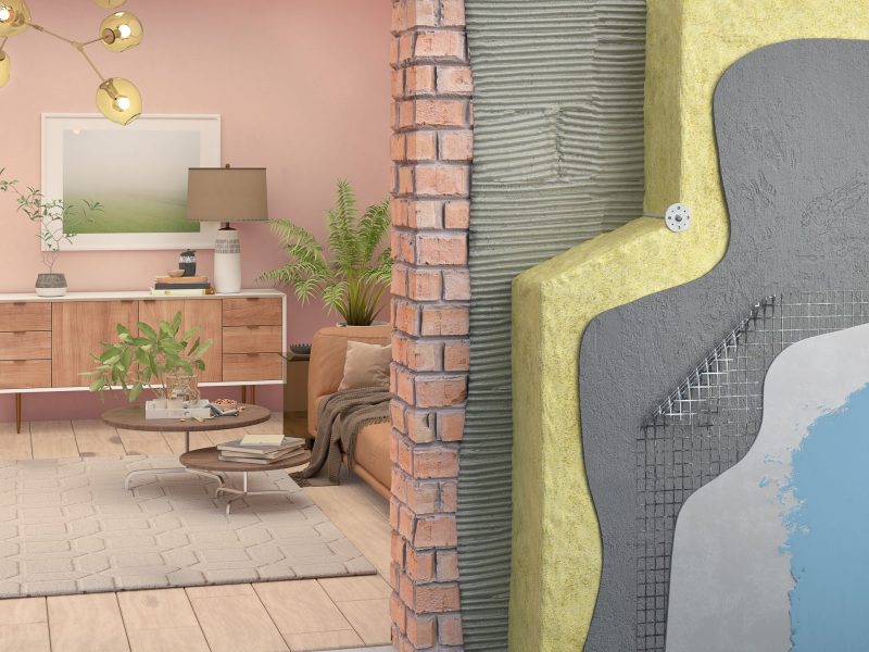 Wall thermal insulation in interior, 3d illustration