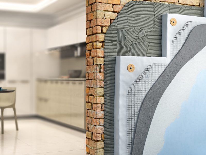 Brickwall thermal insulation by styrofoam with kitchen interior on background, 3d illustration
